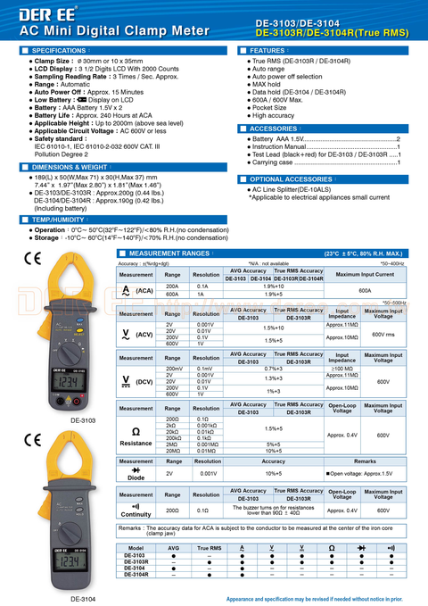 DE-3103 AC Clamp Meter (Pocket Size)